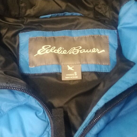 Eddie Bauer Womens Quilted Blue Goose Down Puffer Coat Faux Fur Hood Small EUC - Picture 6 of 13